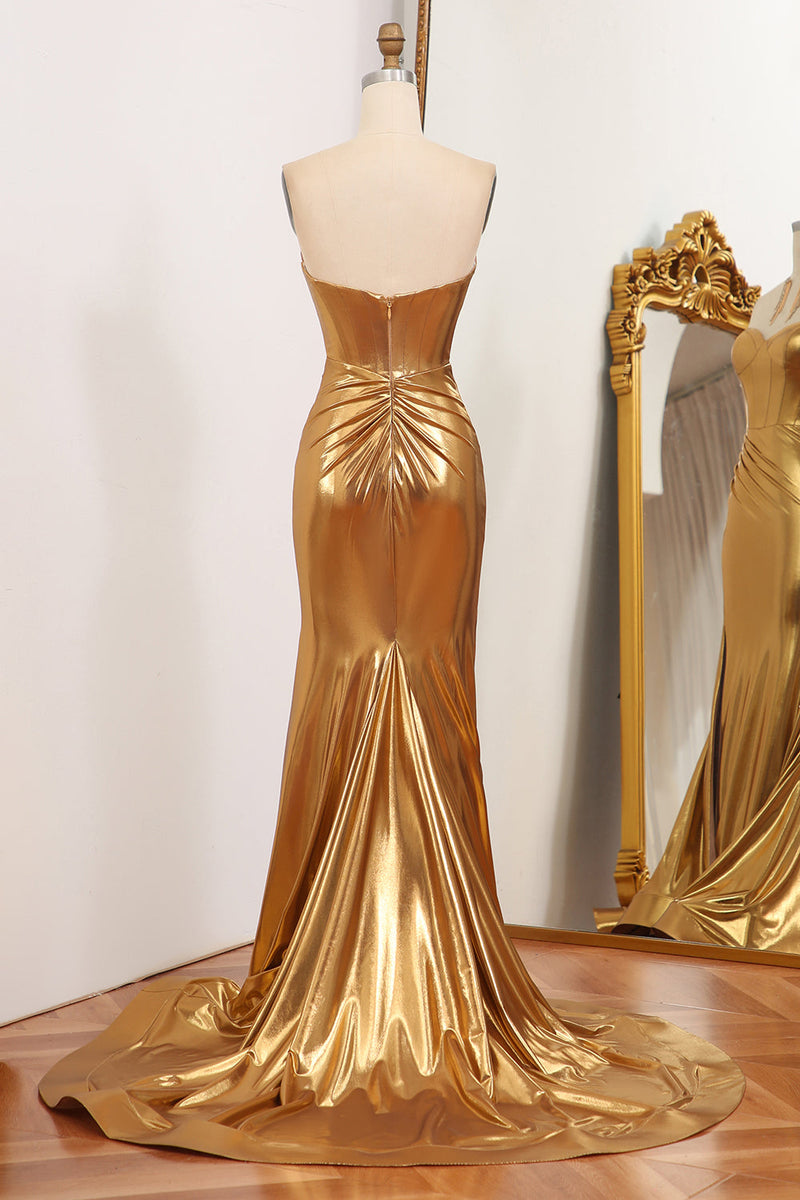 Load image into Gallery viewer, Sparkly Golden Mermaid Strapless Long Prom Dress With Slit