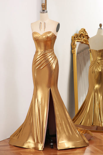 Sparkly Golden Mermaid Strapless Long Prom Dress With Slit