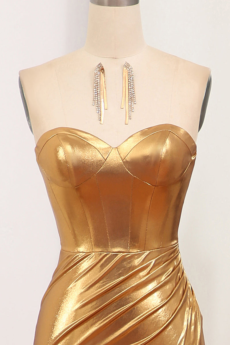 Load image into Gallery viewer, Sparkly Golden Mermaid Strapless Long Prom Dress With Slit