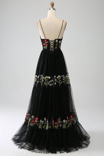 Black A-Line Spaghetti Straps Embroidered Long Corset Prom Dress