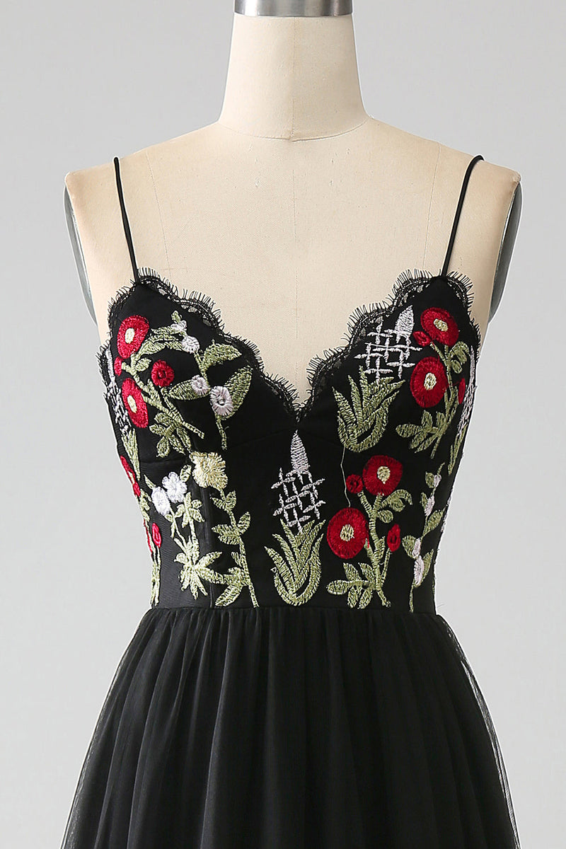 Load image into Gallery viewer, Black A-Line Spaghetti Straps Embroidered Long Corset Prom Dress