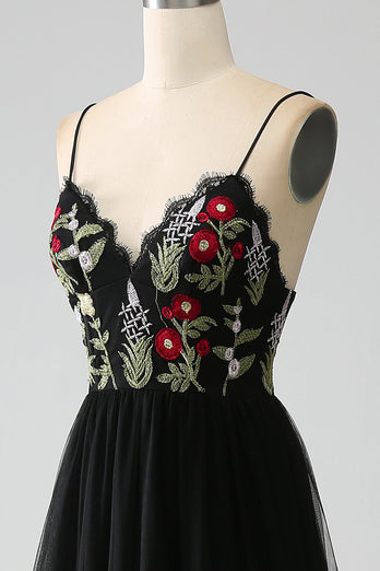 Black A-Line Spaghetti Straps Embroidered Long Corset Prom Dress