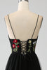 Load image into Gallery viewer, Black A-Line Spaghetti Straps Embroidered Long Corset Prom Dress