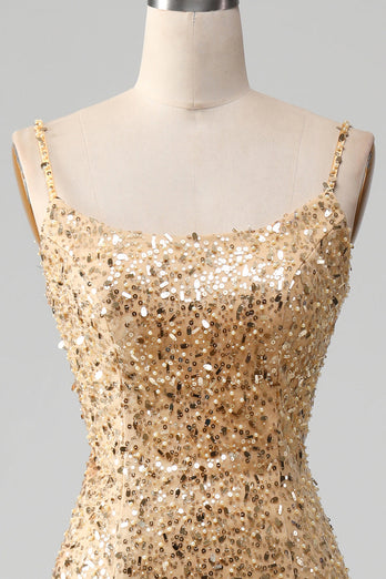 Golden Mermaid Spaghetti Straps Sequined Prom Dress With Slit