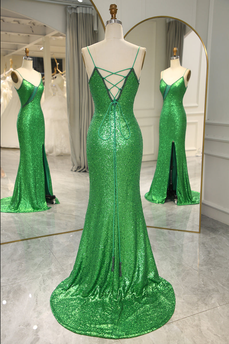 Load image into Gallery viewer, Glitter Dark Green Mermaid Backless Long Prom Dress With Slit