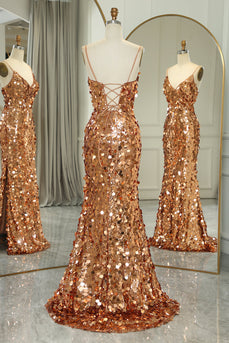 Glitter Golden Beaded Sequins Mermaid Long Prom Dress With Slit