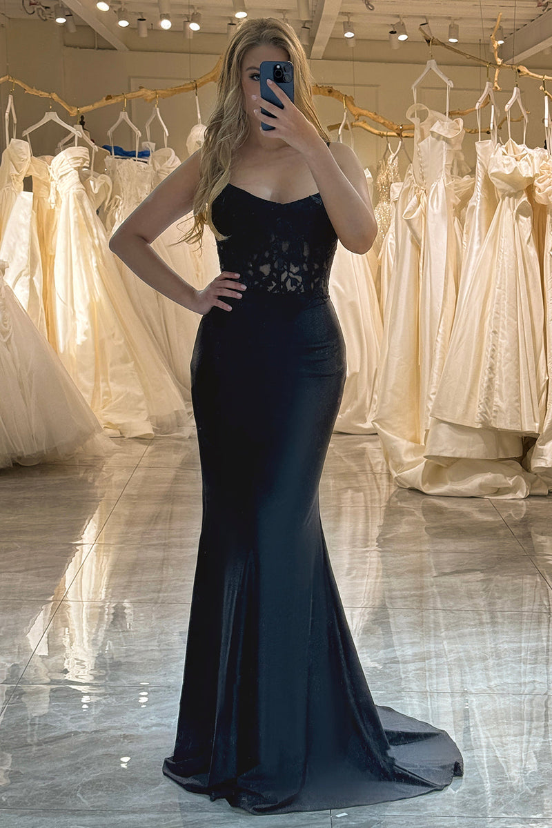 Load image into Gallery viewer, Black Mermaid Spaghetti Straps Long Corset Prom Dress