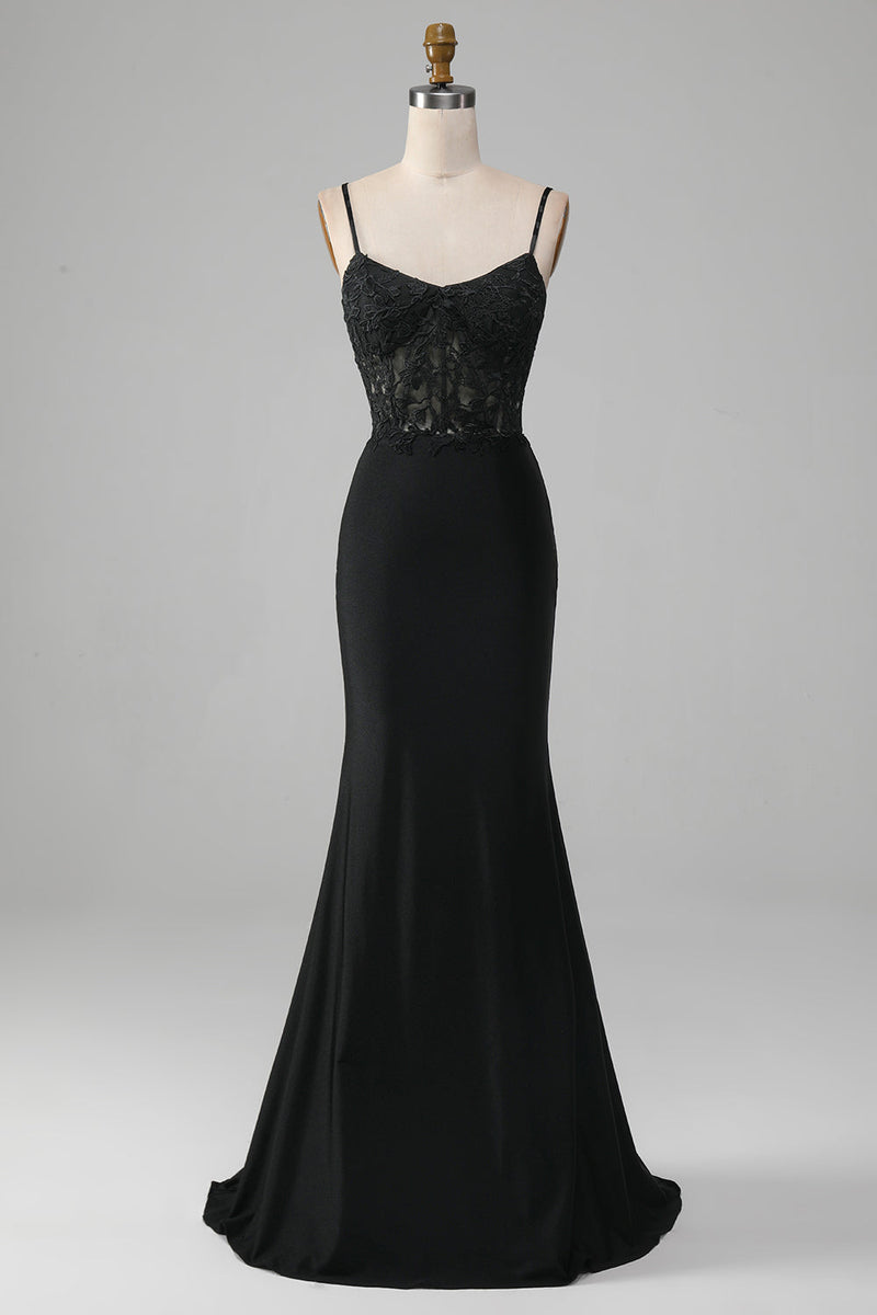 Load image into Gallery viewer, Black Mermaid Spaghetti Straps Corset Prom Dress With Appliques