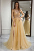 Load image into Gallery viewer, Golden A Line Long Corset Prom Dress With Appliques