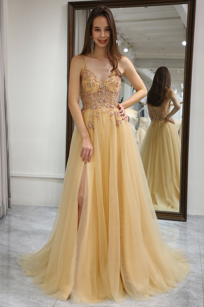 Load image into Gallery viewer, Golden A Line Long Corset Prom Dress With Appliques