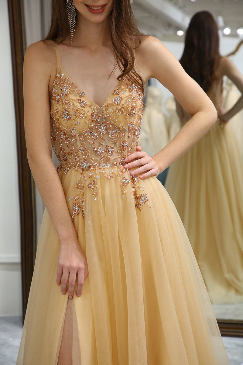 Load image into Gallery viewer, Golden A Line Long Corset Prom Dress With Appliques