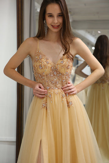 Golden A Line Long Corset Prom Dress With Appliques