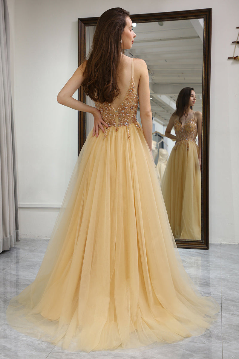 Load image into Gallery viewer, Golden A Line Long Corset Prom Dress With Appliques