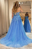 Load image into Gallery viewer, Blue A Line Tulle Long Prom Dress With Appliques