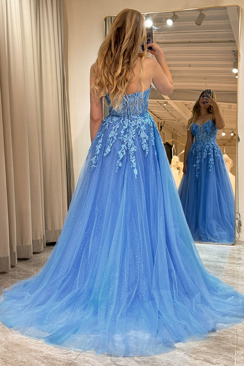 Load image into Gallery viewer, Blue A Line Tulle Long Prom Dress With Appliques