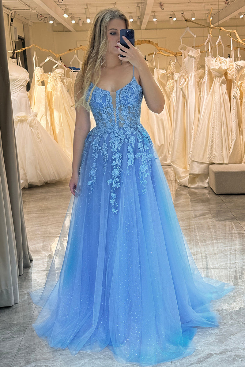 Load image into Gallery viewer, Blue A Line Tulle Long Prom Dress With Appliques