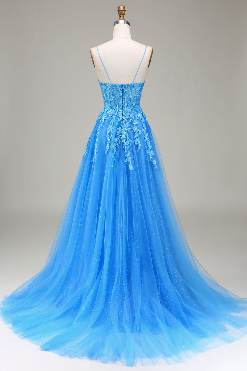 Load image into Gallery viewer, A-Line Spaghetti Straps Blue Tulle Prom Dress With Appliques