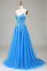 Load image into Gallery viewer, A-Line Spaghetti Straps Blue Tulle Prom Dress With Appliques