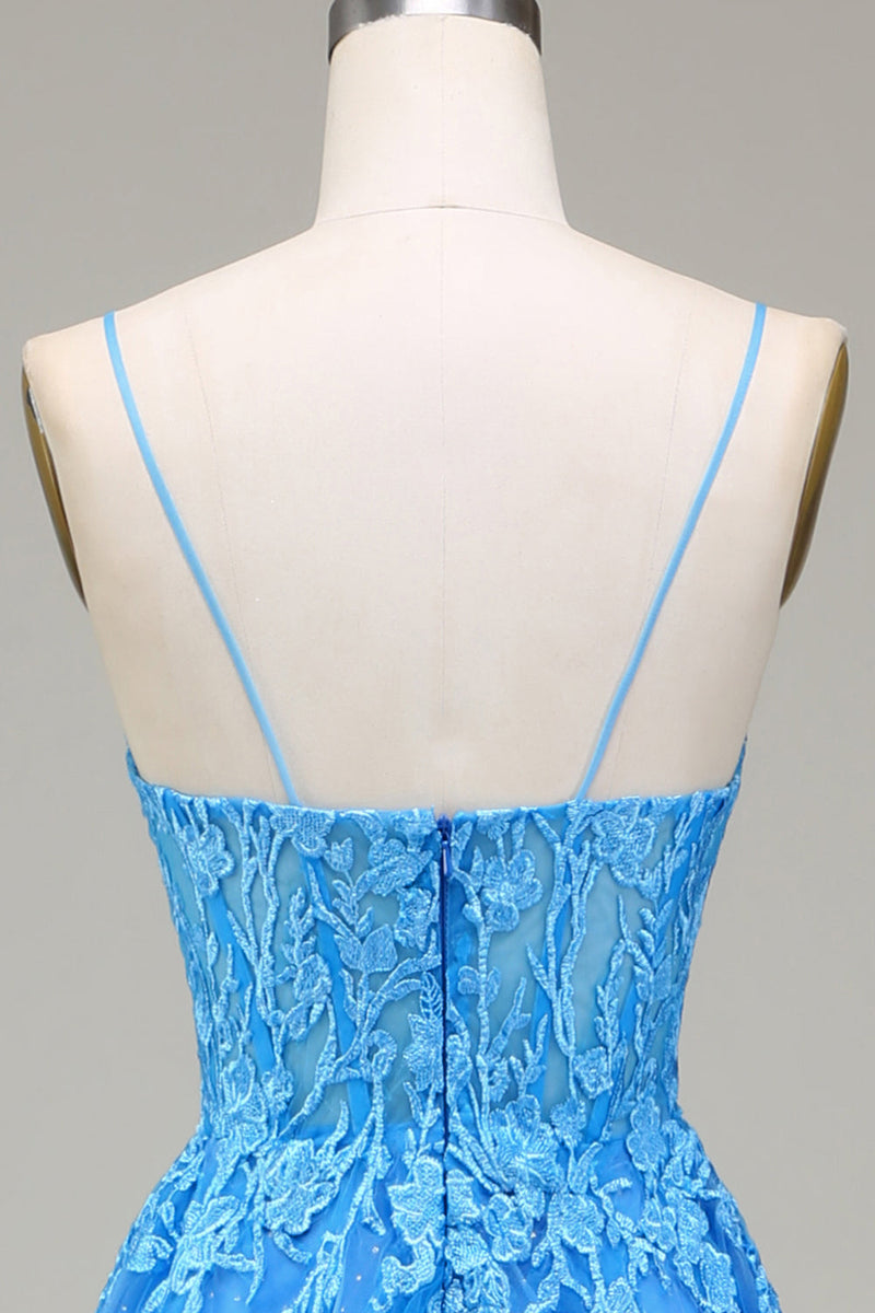 Load image into Gallery viewer, A-Line Spaghetti Straps Blue Tulle Prom Dress With Appliques