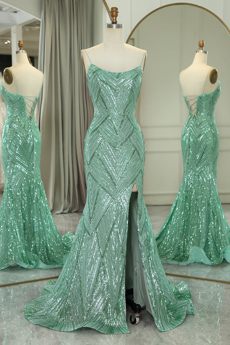 Load image into Gallery viewer, Glitter Green Mermaid Long Prom Dress With Slit