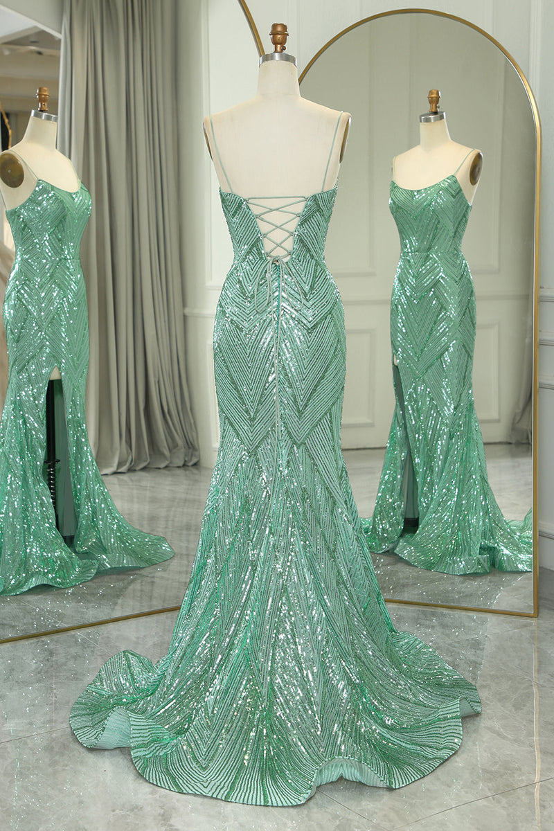 Load image into Gallery viewer, Glitter Green Mermaid Long Prom Dress With Slit