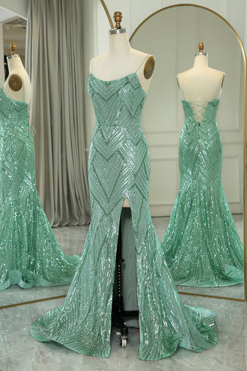 Glitter Green Mermaid Long Prom Dress With Slit