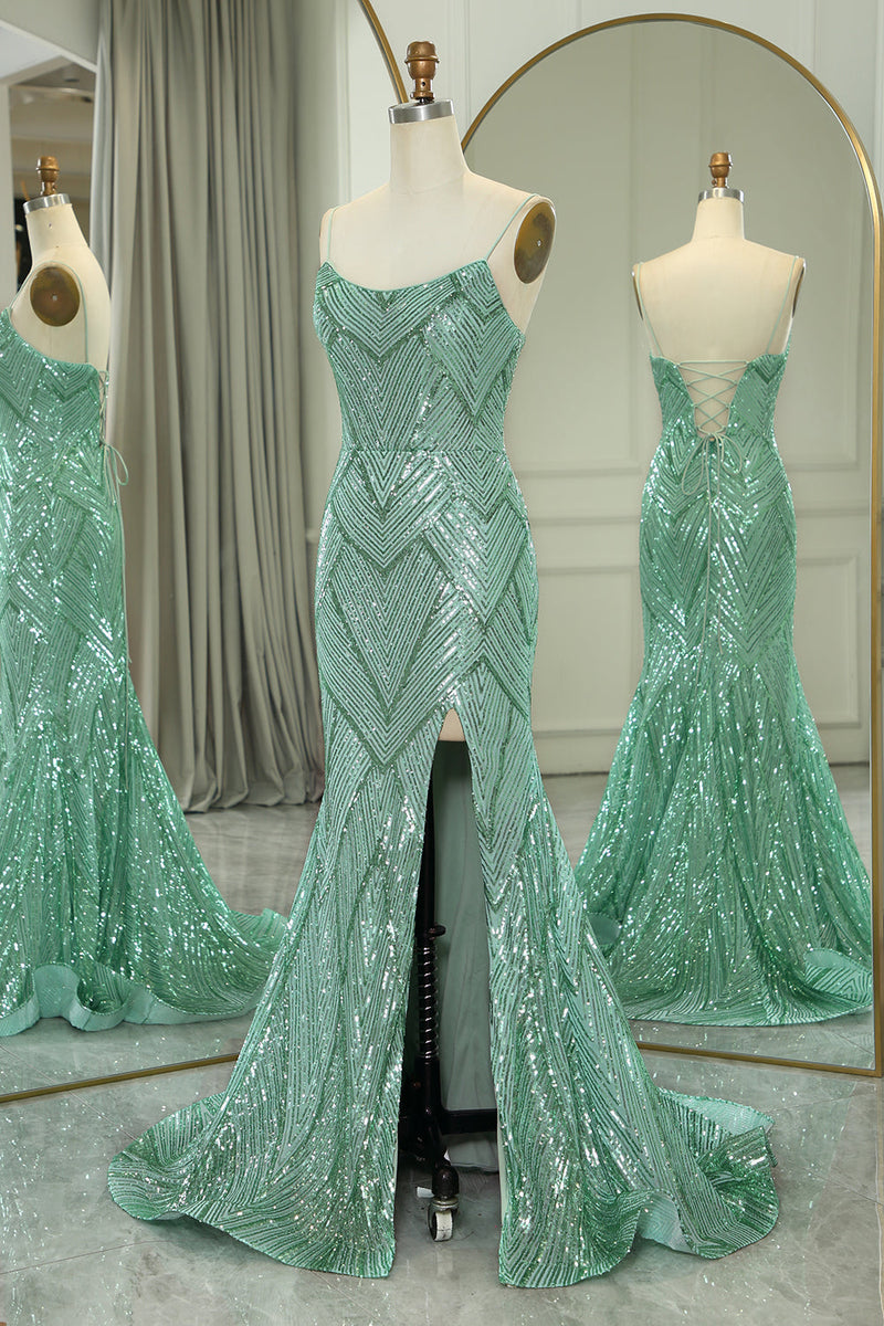 Load image into Gallery viewer, Glitter Green Mermaid Long Prom Dress With Slit