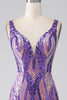 Load image into Gallery viewer, Dark Purple Mermaid V Neck Sequins Long Prom Dress