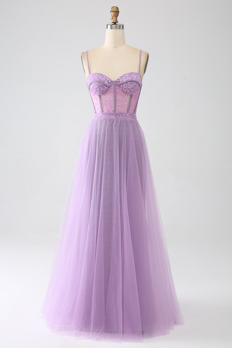 Load image into Gallery viewer, A-Line Lilac Spaghetti Straps Long Corset Prom Dress