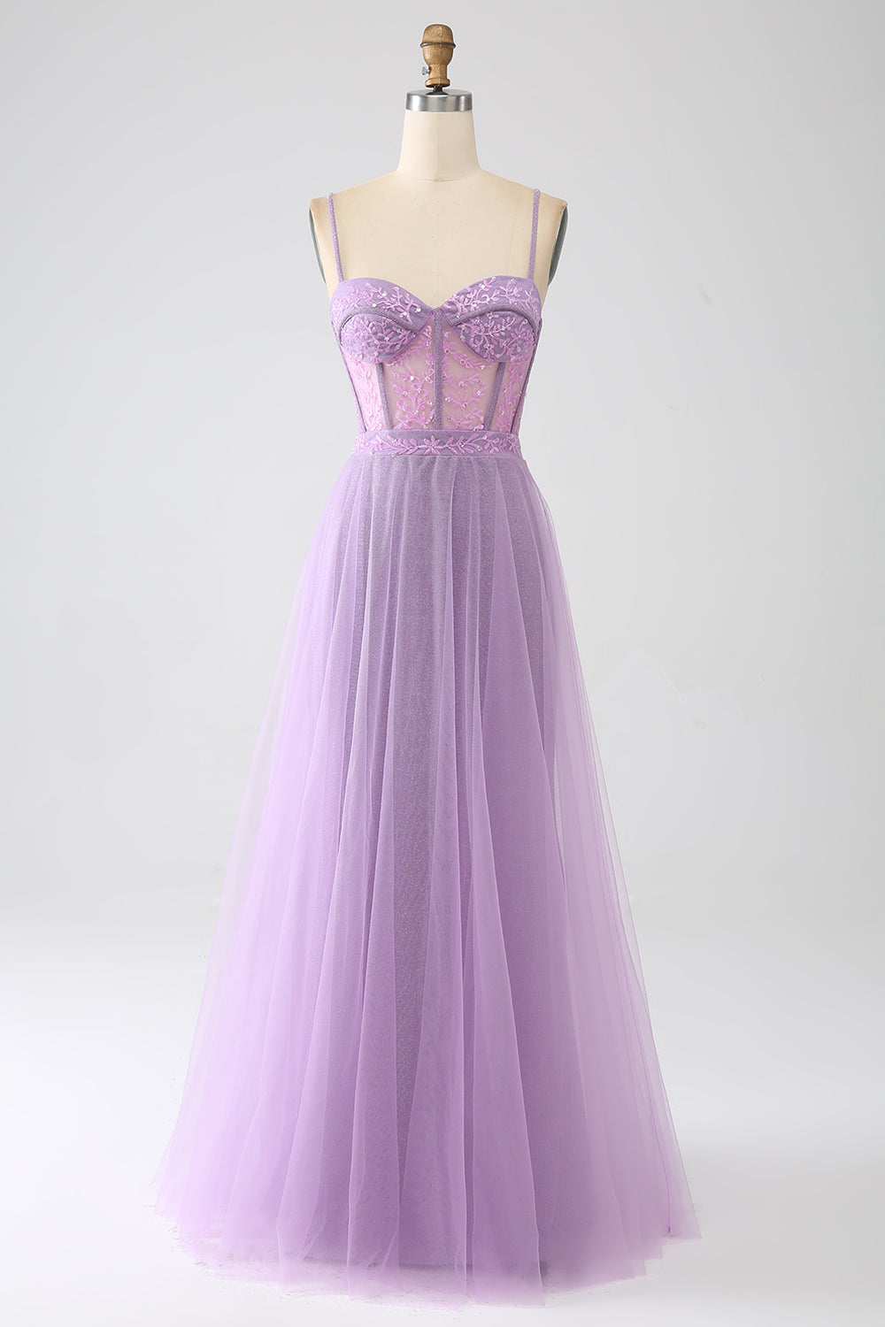 A-Line Lilac Spaghetti Straps Long Corset Prom Dress