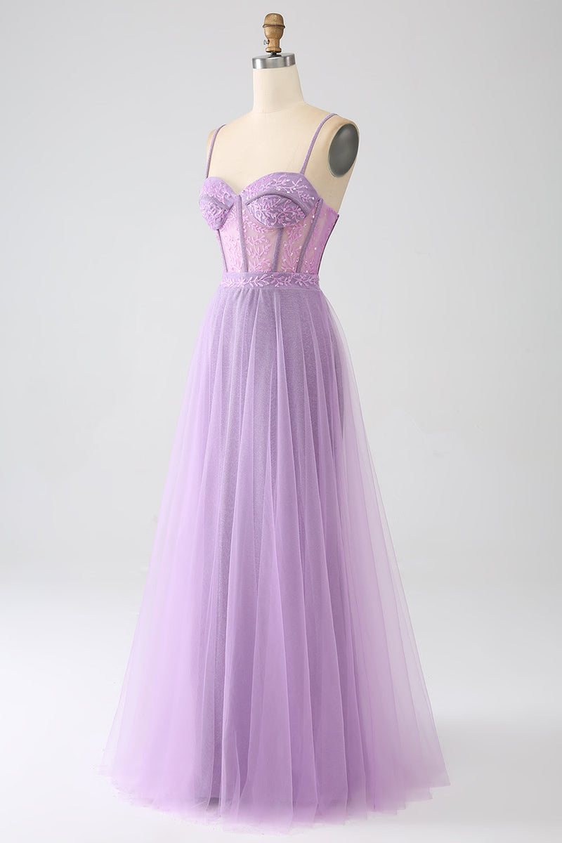 Load image into Gallery viewer, A-Line Lilac Spaghetti Straps Long Corset Prom Dress