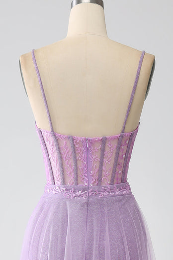 A-Line Lilac Spaghetti Straps Long Corset Prom Dress