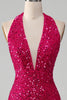 Load image into Gallery viewer, Fuchsia Mermaid Halter Sequin Prom Dress With Slit