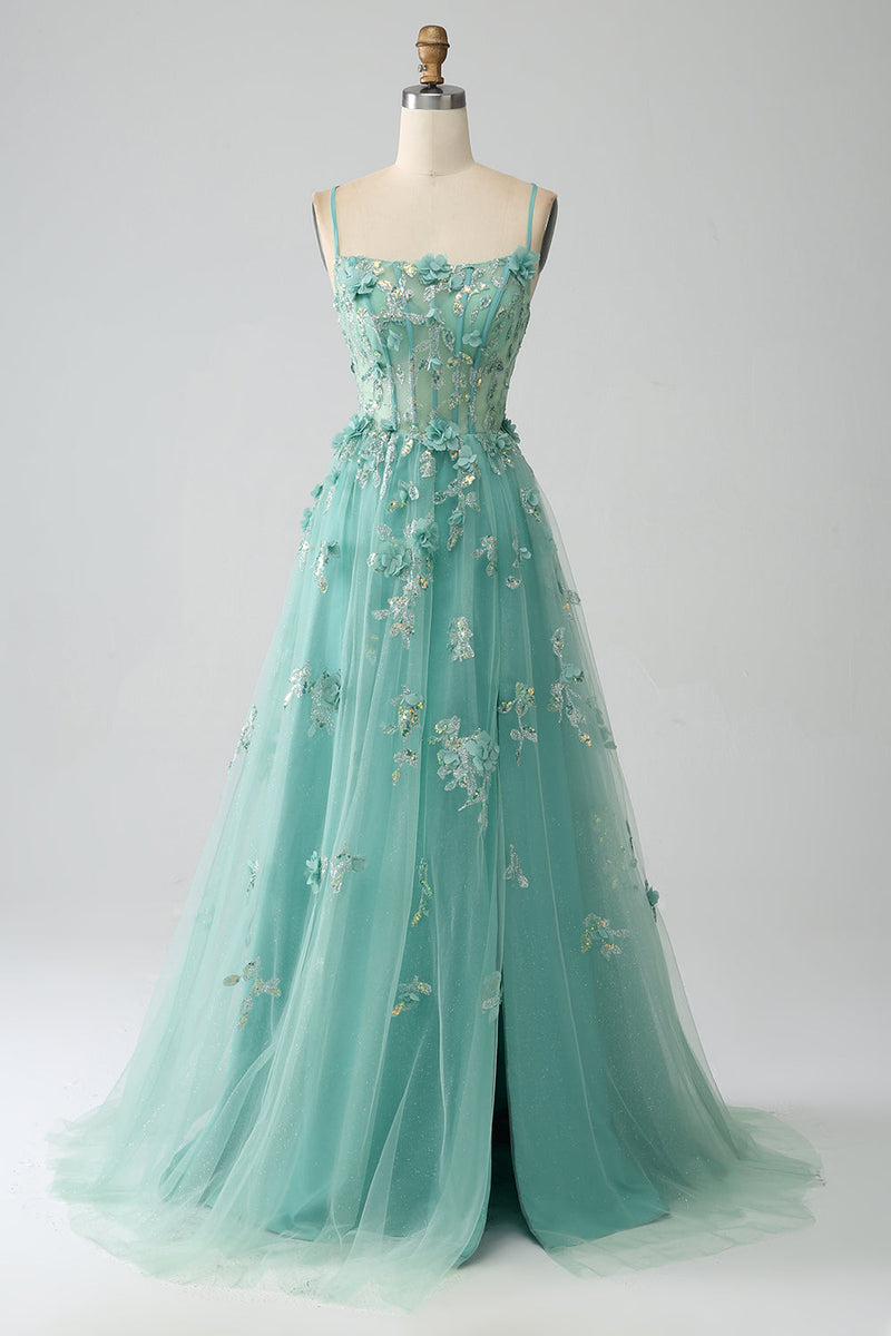 Load image into Gallery viewer, Green A-Line Spaghetti Straps Long Corset Prom Dress with Appliques