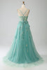 Load image into Gallery viewer, Green A-Line Spaghetti Straps Long Corset Prom Dress with Appliques