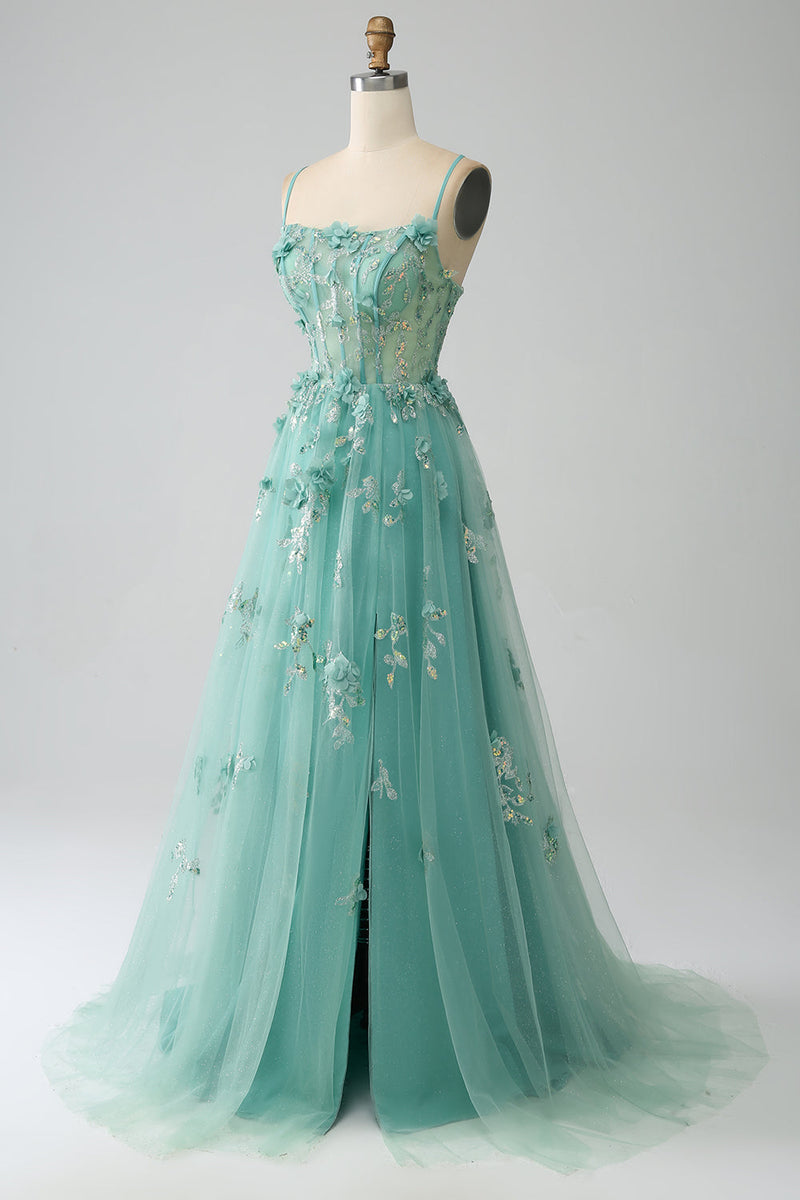 Load image into Gallery viewer, Green A-Line Spaghetti Straps Long Corset Prom Dress with Appliques