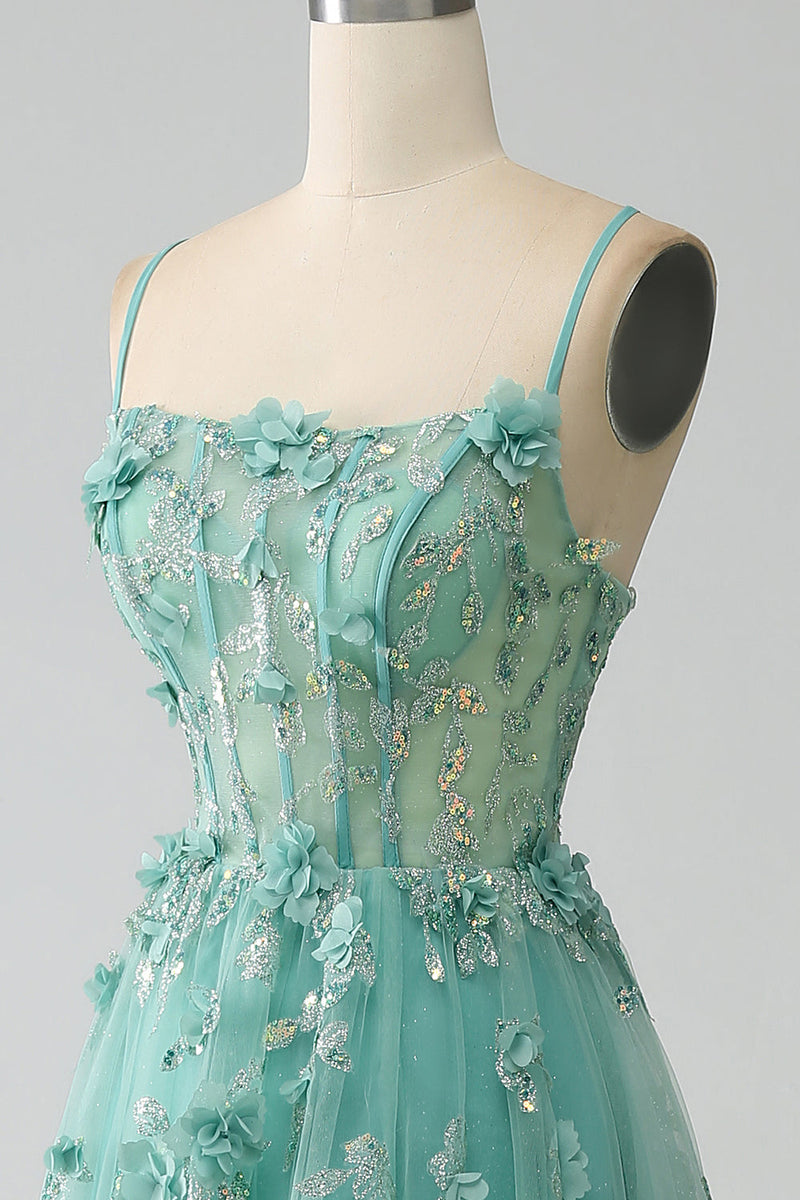 Load image into Gallery viewer, Green A-Line Spaghetti Straps Long Corset Prom Dress with Appliques