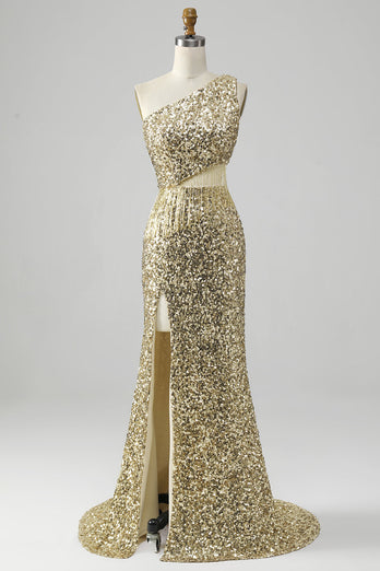 Golden One Shoulder Fringe Sequin Prom Dress With Slit