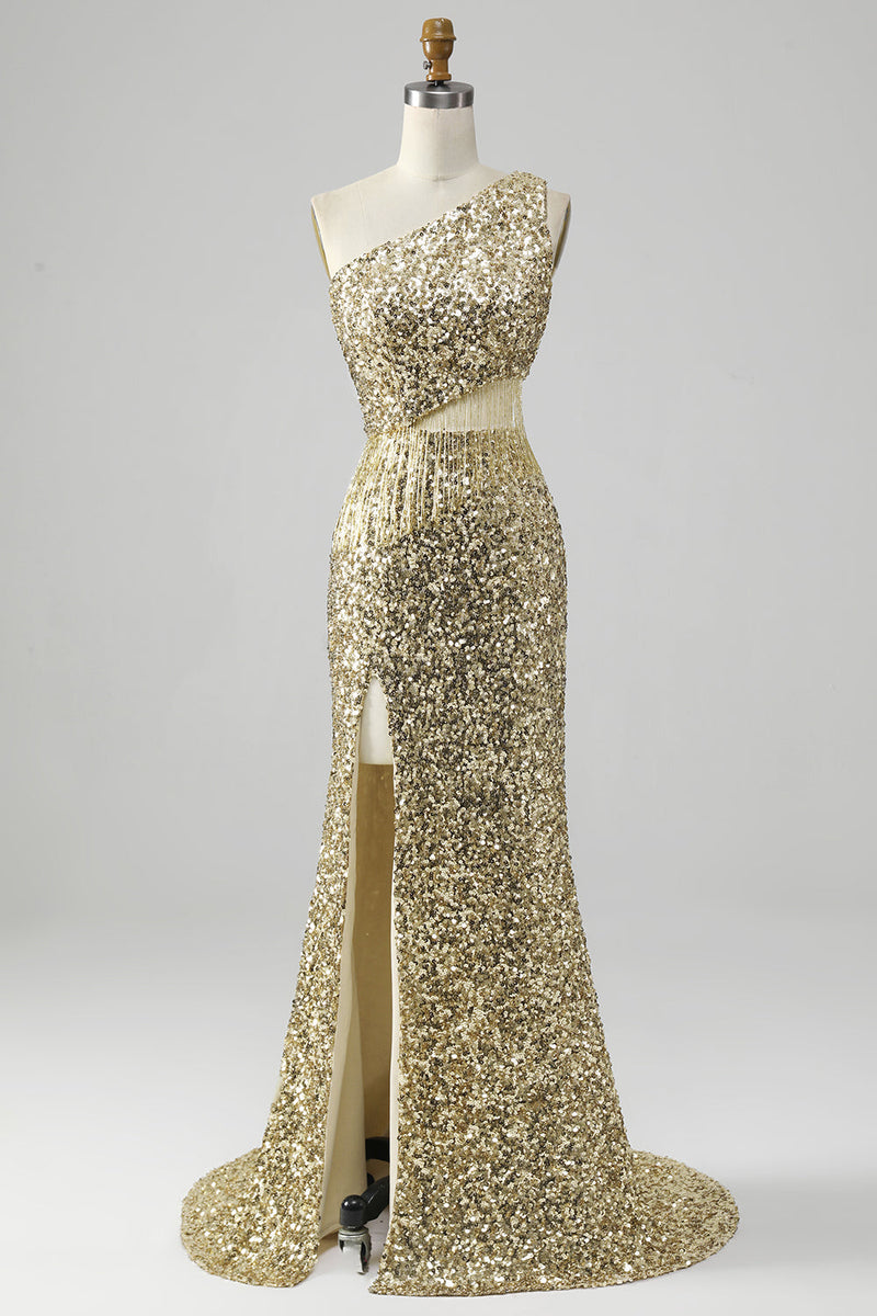 Load image into Gallery viewer, Golden One Shoulder Fringe Sequin Prom Dress With Slit