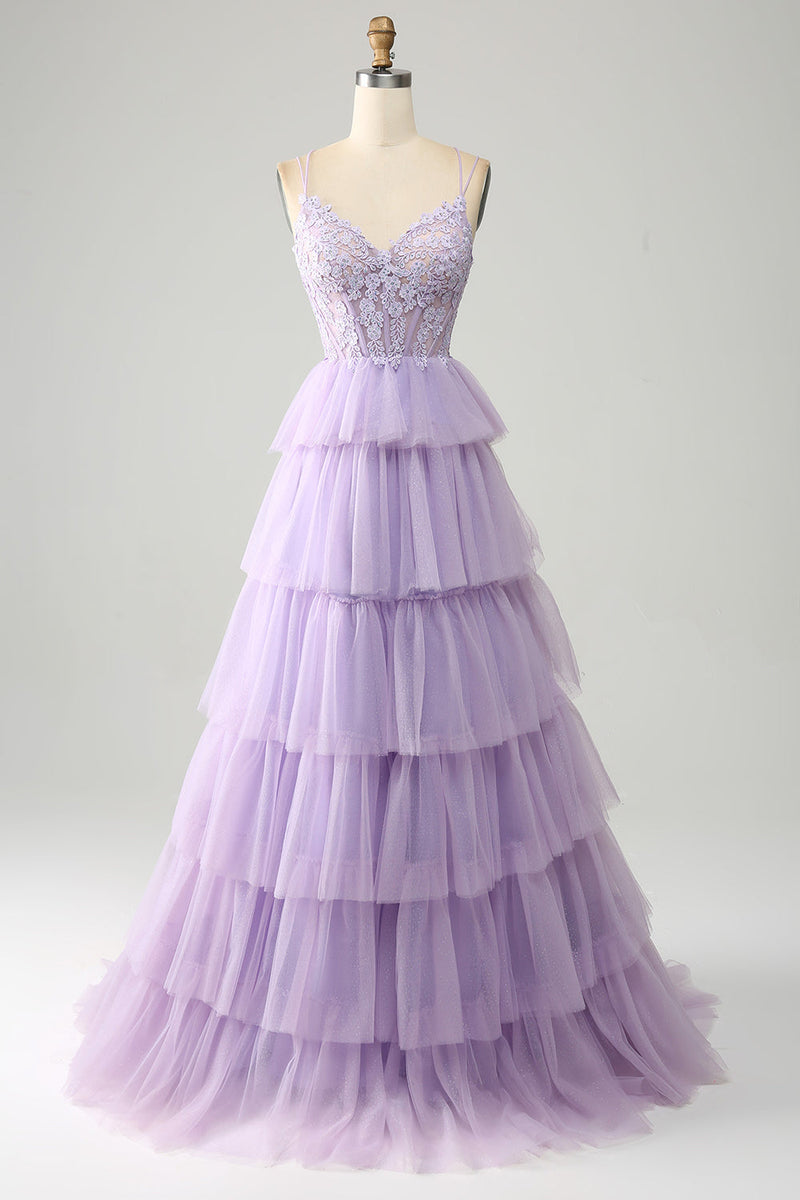 Load image into Gallery viewer, Lilac Tulle Tiered Princess Corset Prom Dress with Appliques