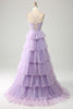 Load image into Gallery viewer, Lilac Tulle Tiered Princess Corset Prom Dress with Appliques