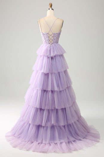 Lilac Tulle Tiered Princess Corset Prom Dress with Appliques