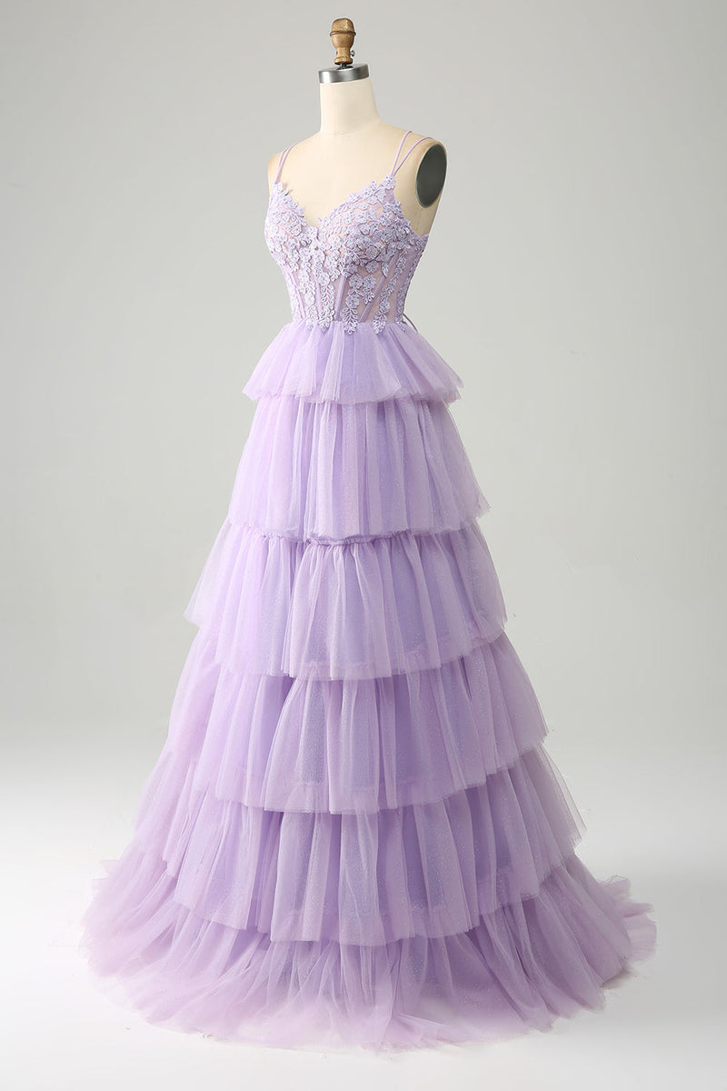 Load image into Gallery viewer, Lilac Tulle Tiered Princess Corset Prom Dress with Appliques