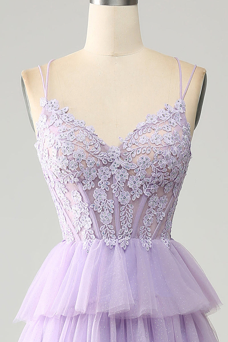 Load image into Gallery viewer, Lilac Tulle Tiered Princess Corset Prom Dress with Appliques