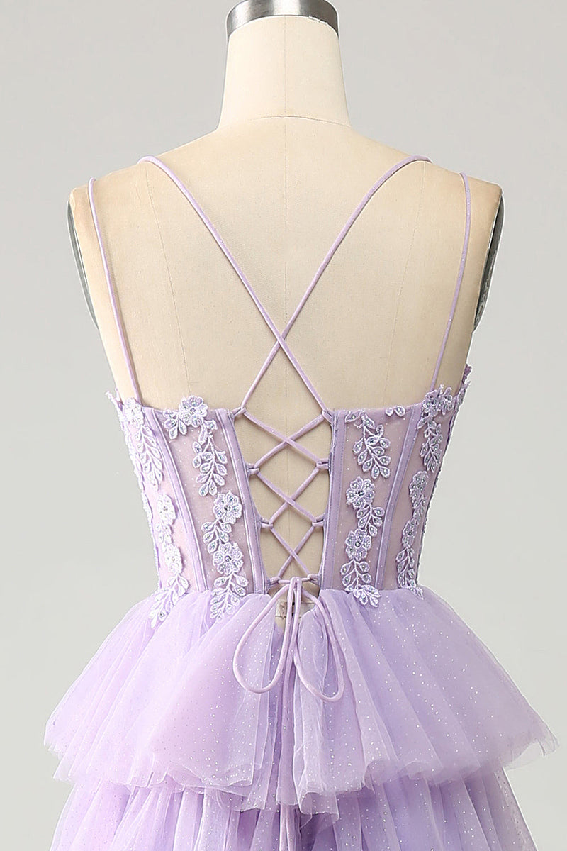 Load image into Gallery viewer, Lilac Tulle Tiered Princess Corset Prom Dress with Appliques