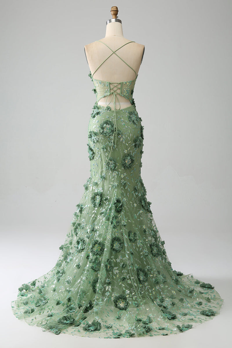 Load image into Gallery viewer, Mermaid Spaghetti Straps Green Corset Prom Dress with Appliques