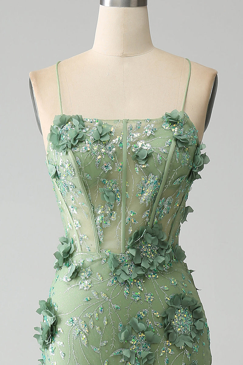 Load image into Gallery viewer, Mermaid Spaghetti Straps Green Corset Prom Dress with Appliques