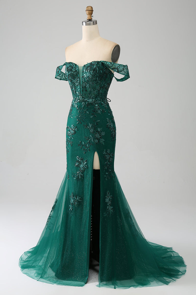 Load image into Gallery viewer, Mermaid Off The Shoulder Dark Green Prom Dress with Appliques