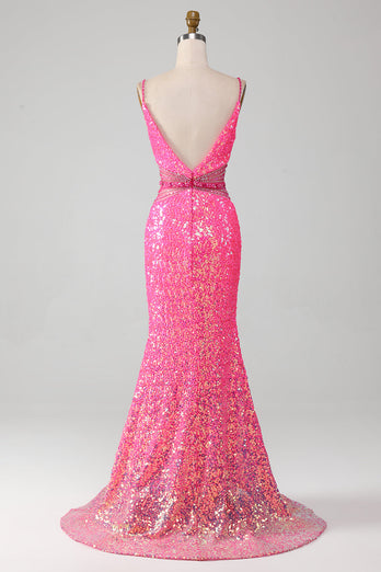 Hot Pink Spaghetti Straps Glitter Mermaid Prom Dress with Beading Waist