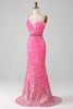 Load image into Gallery viewer, Hot Pink Spaghetti Straps Glitter Mermaid Prom Dress with Beading Waist